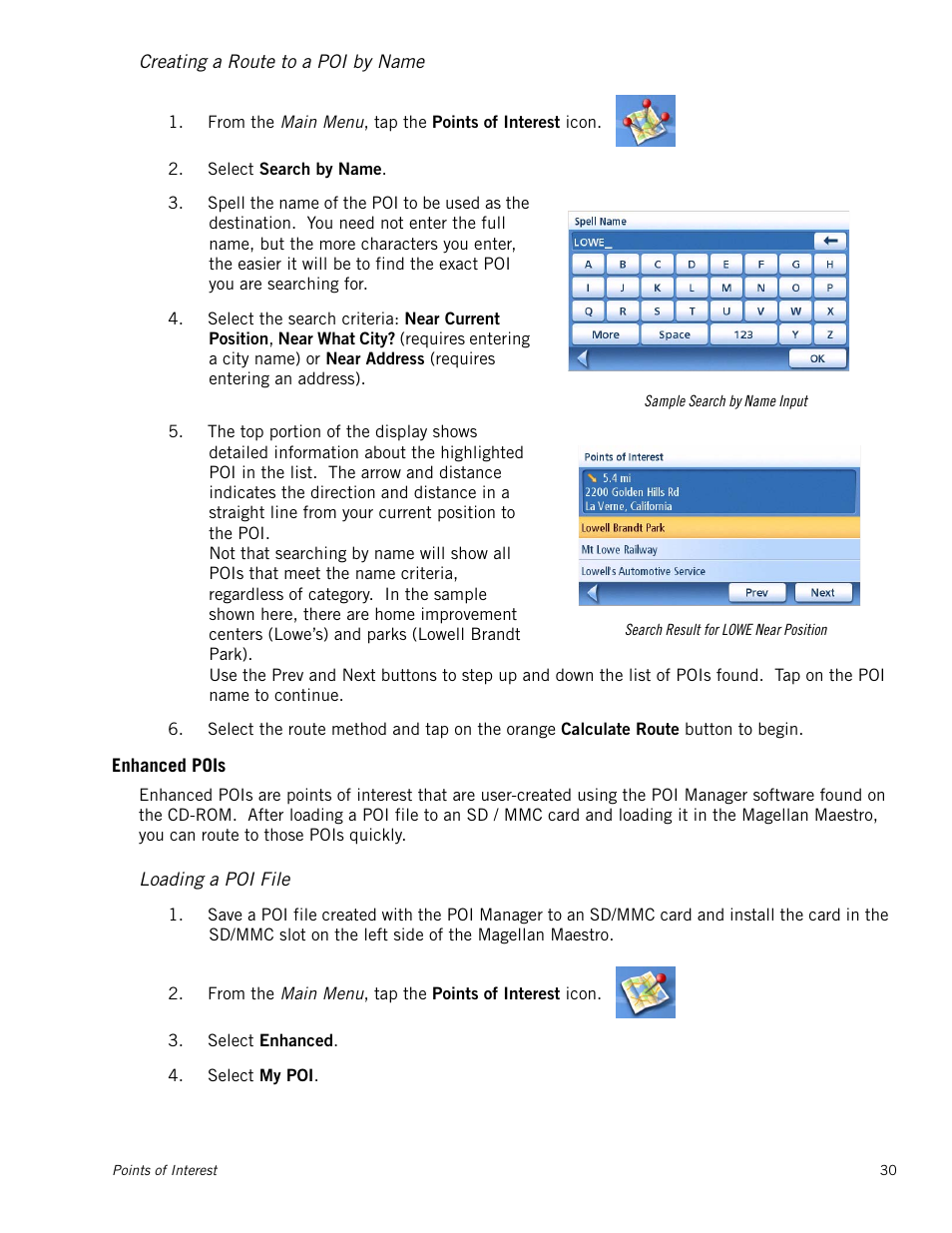 Creating a route to a poi by name, Enhanced pois, Loading a poi file | Magellan Maestro 4250 User Manual | Page 40 / 82