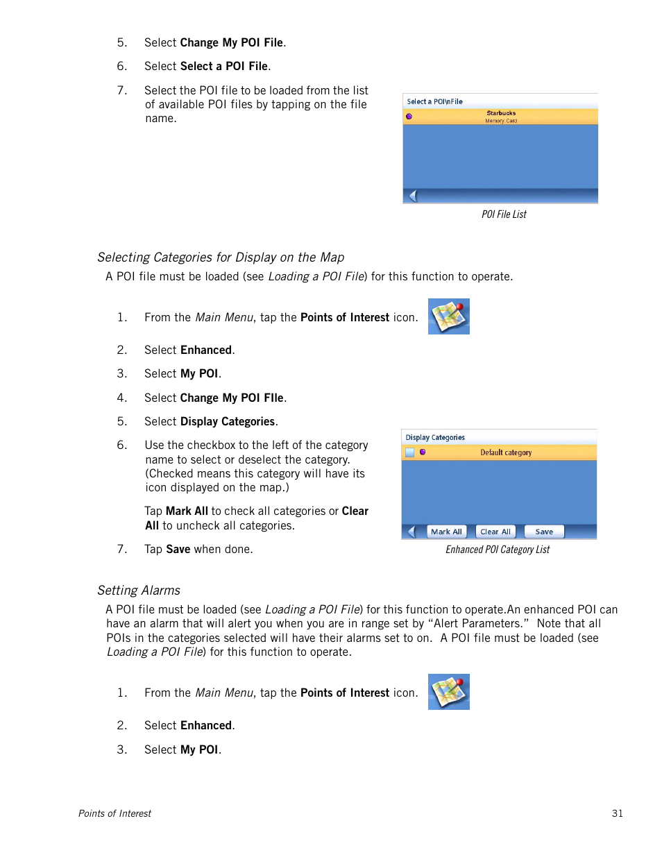 Selecting categories for display on the map, Setting alarms | Magellan Maestro 4250 User Manual | Page 41 / 82