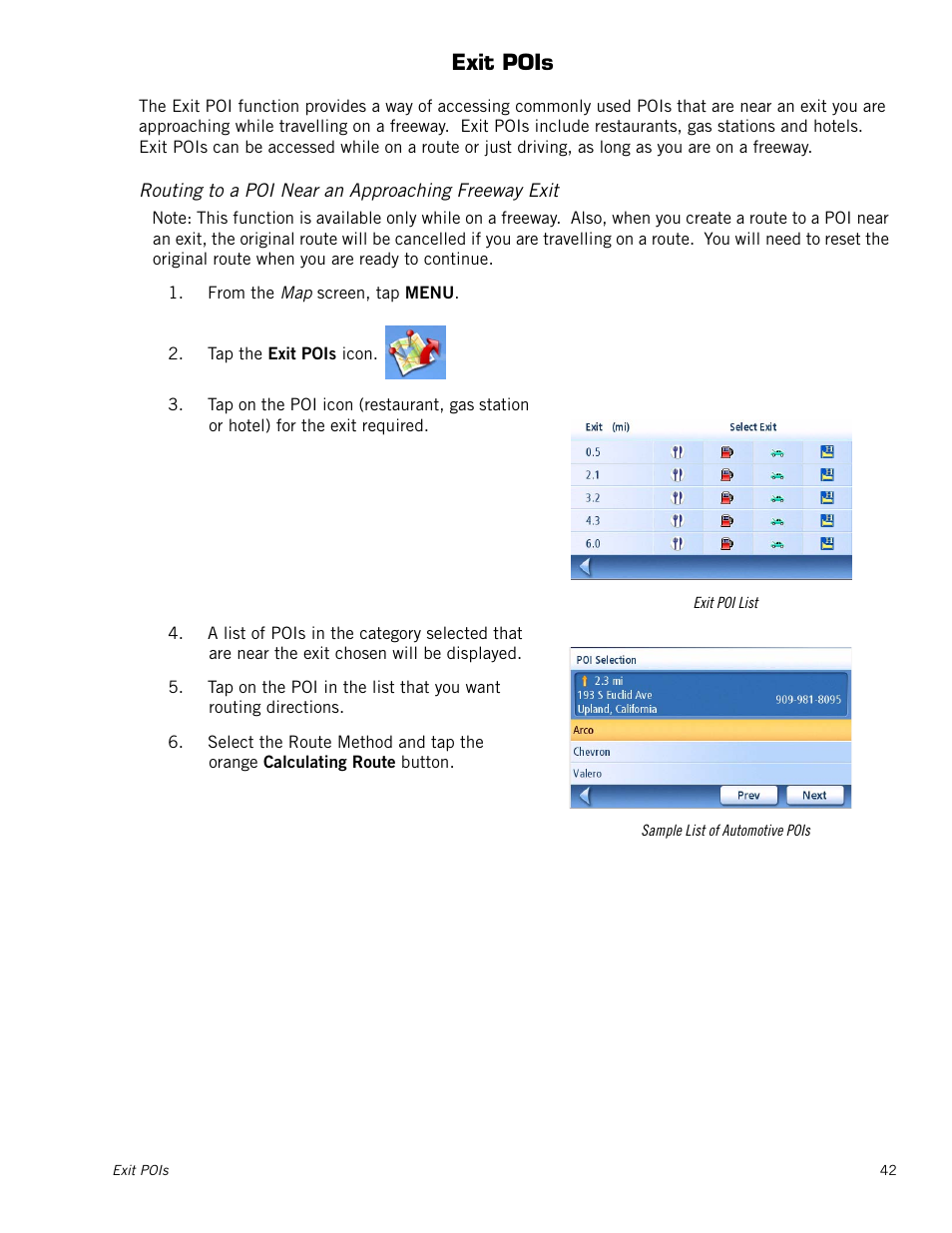 Exit pois, Routing to a poi near an approaching freeway exit | Magellan Maestro 4250 User Manual | Page 52 / 82