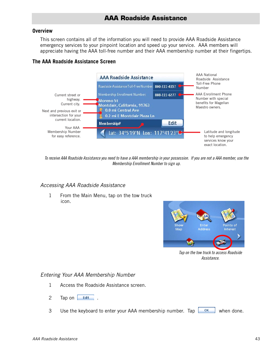 Aaa roadside assistance, Overview, The aaa roadside assistance screen | Accessing aaa roadside assistance, Entering your aaa membership number | Magellan Maestro 4250 User Manual | Page 53 / 82