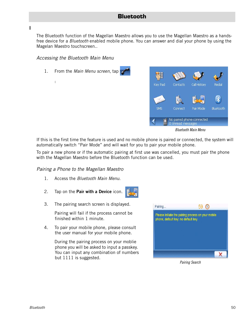 Bluetooth, Introduction, Accessing the bluetooth main menu | Pair mode, Pairing a phone to the magellan maestro | Magellan Maestro 4250 User Manual | Page 60 / 82