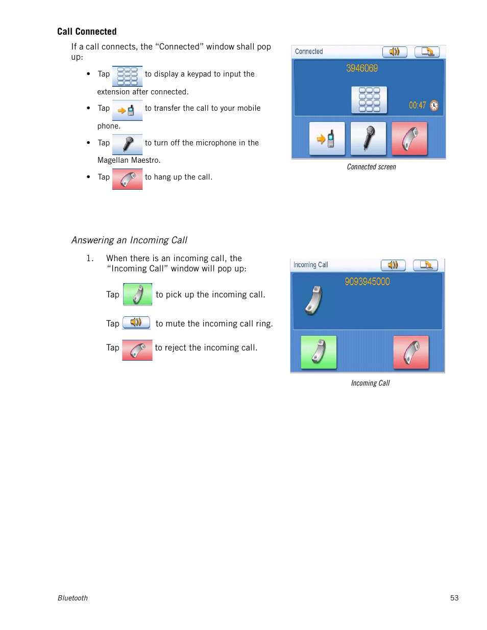 Call connected, Incoming call, Answering an incoming call | Magellan Maestro 4250 User Manual | Page 63 / 82