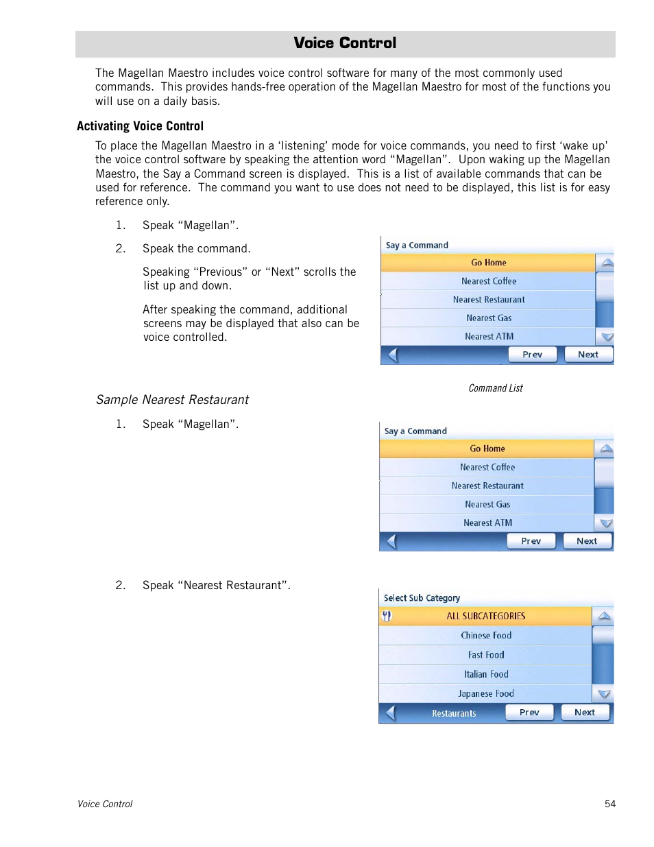 Voice control, Activating voice control, Sample nearest restaurant | Magellan Maestro 4250 User Manual | Page 64 / 82