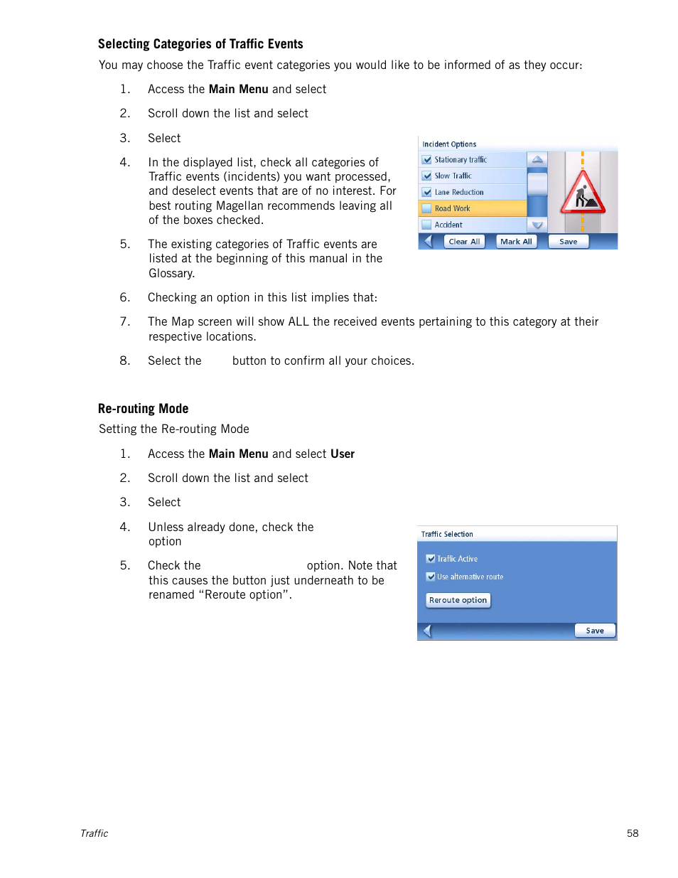 Selecting categories of traffic events, Re-routing mode | Magellan Maestro 4250 User Manual | Page 68 / 82