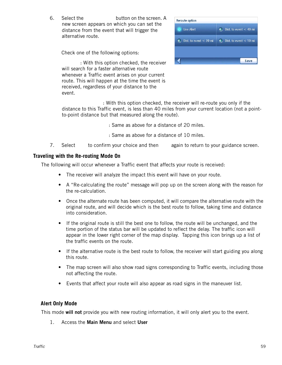 Traveling with the re-routing mode on, Alert only mode | Magellan Maestro 4250 User Manual | Page 69 / 82