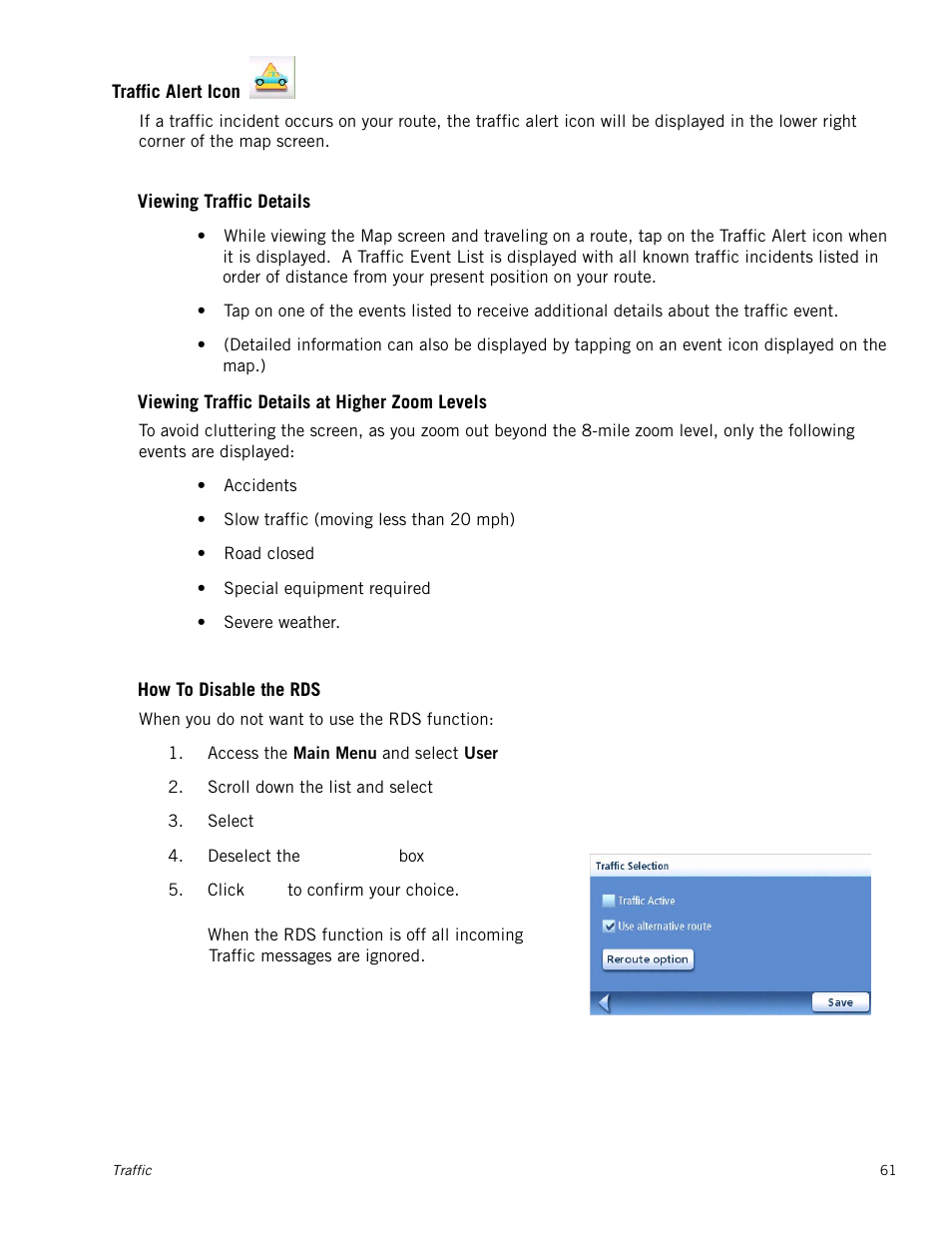 Traffic alert icon, Viewing traffic details, Viewing traffic details at higher zoom levels | How to disable the rds | Magellan Maestro 4250 User Manual | Page 71 / 82