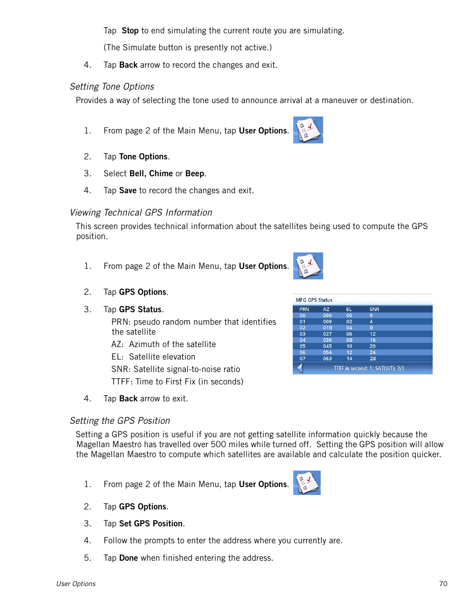 Setting tone options, Viewing technical gps information, Setting the gps position | Magellan Maestro 4250 User Manual | Page 80 / 82
