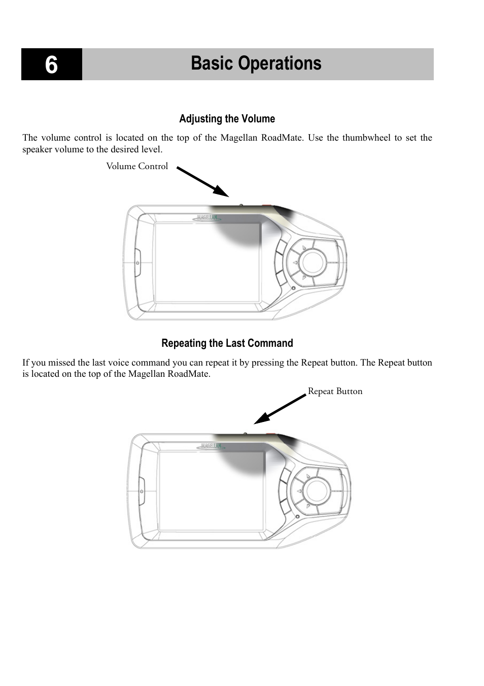 Basic operations, Adjusting the volume repeating the last command | Magellan RoadMate 700 User Manual | Page 12 / 68