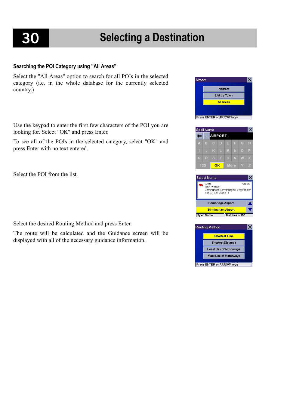 Searching the poi category using "all areas, Selecting a destination | Magellan RoadMate 700 User Manual | Page 36 / 68