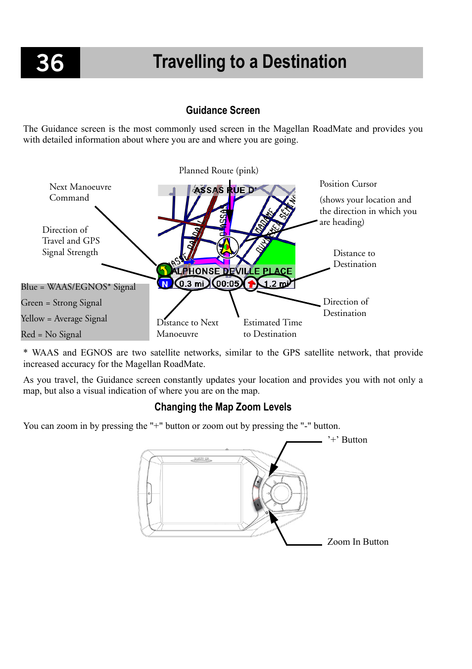 Guidance screen changing the map zoom levels, Travelling to a destination | Magellan RoadMate 700 User Manual | Page 42 / 68