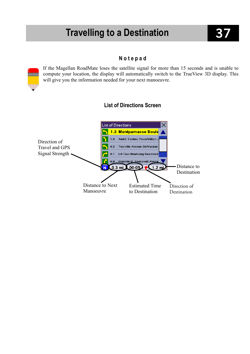 List of directions screen, Travelling to a destination | Magellan RoadMate 700 User Manual | Page 43 / 68