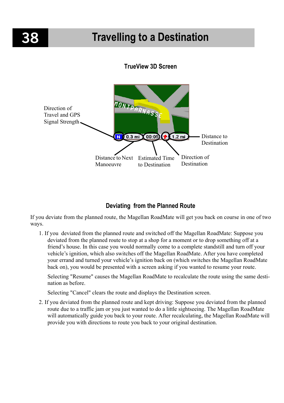 Trueview 3d screen, Deviating from the planned route, Travelling to a destination | Magellan RoadMate 700 User Manual | Page 44 / 68