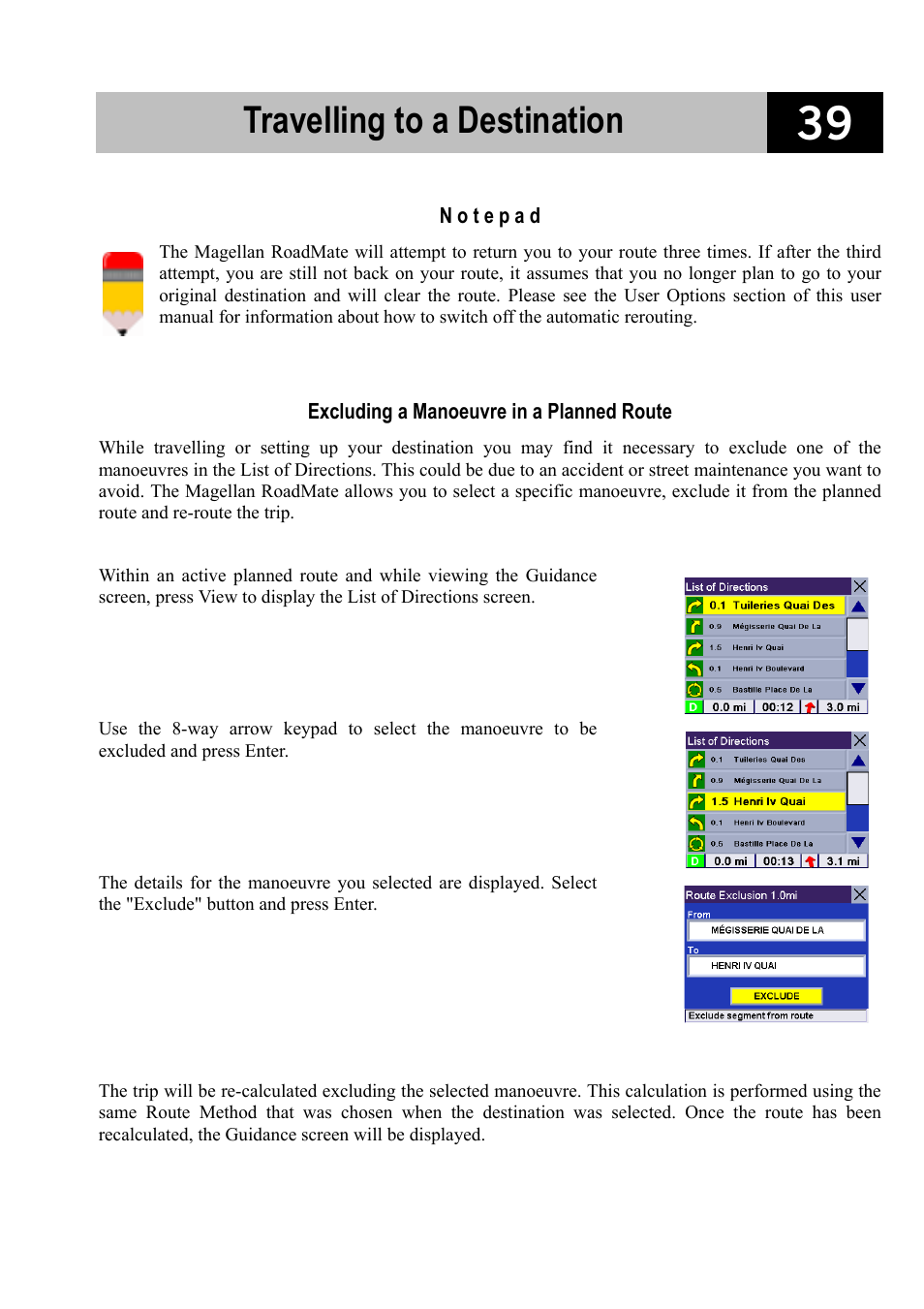 Excluding a manoeuvre in a planned route, Travelling to a destination | Magellan RoadMate 700 User Manual | Page 45 / 68