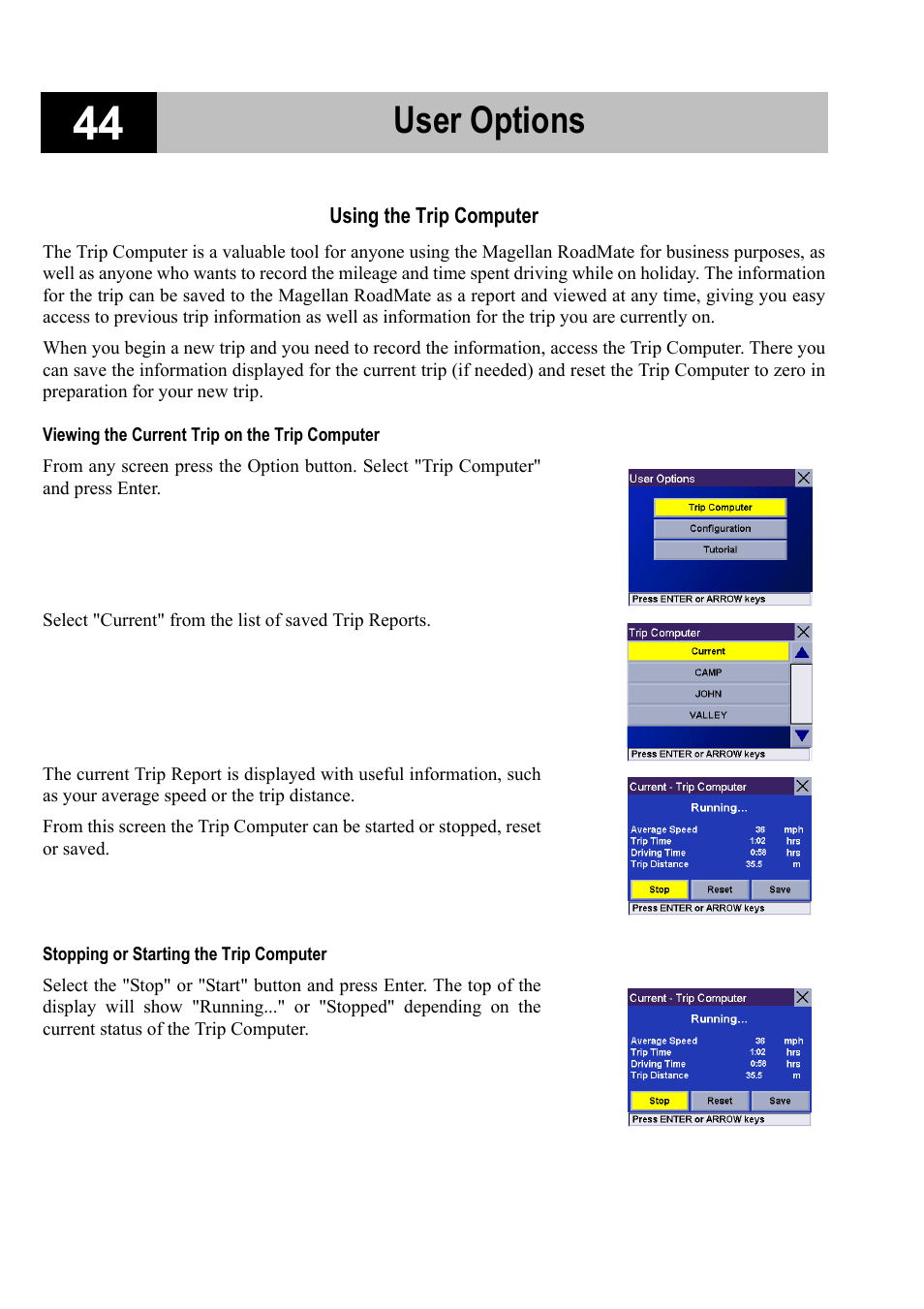 Using the trip computer, User options | Magellan RoadMate 700 User Manual | Page 50 / 68