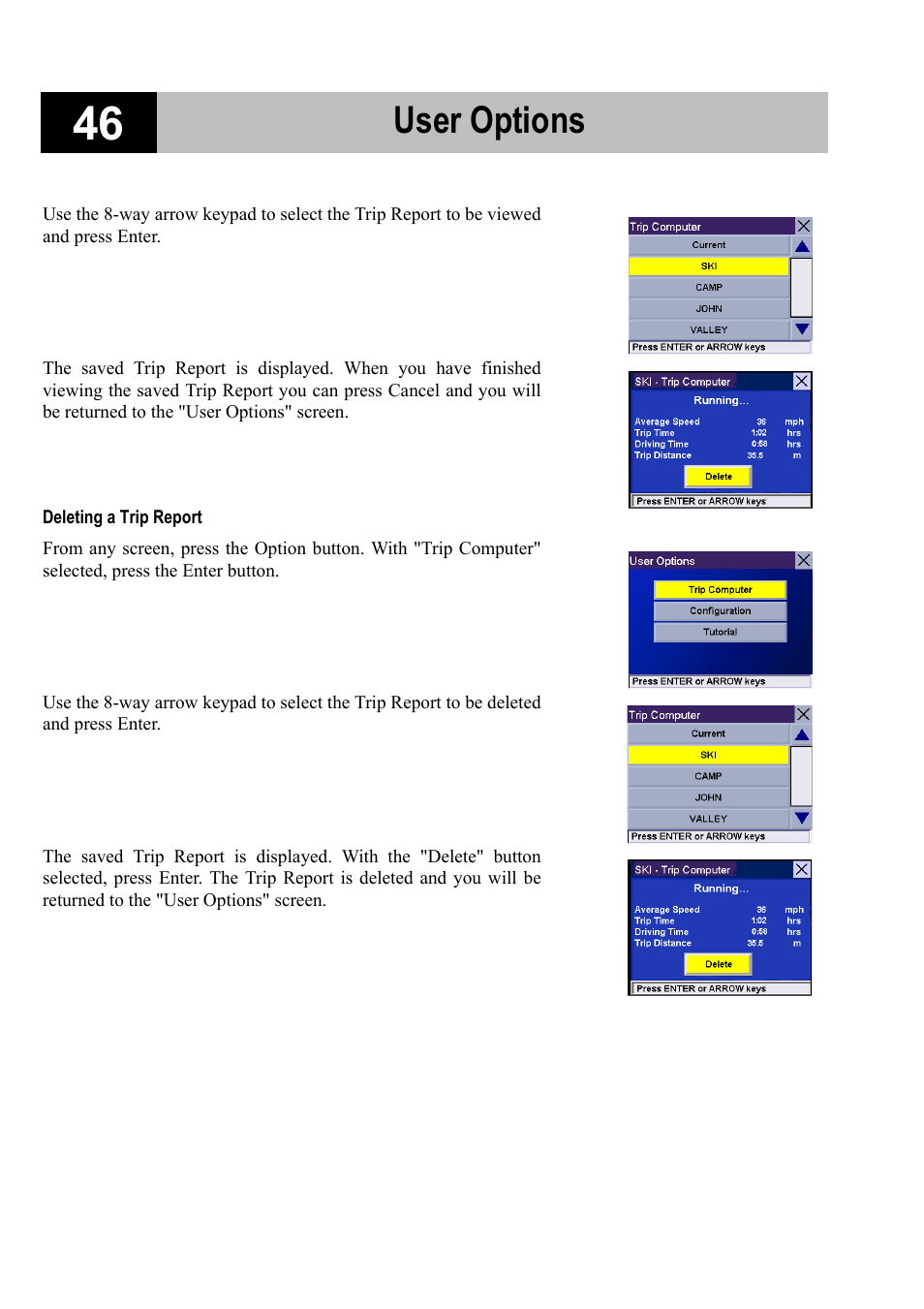 Deleting a trip report, User options | Magellan RoadMate 700 User Manual | Page 52 / 68