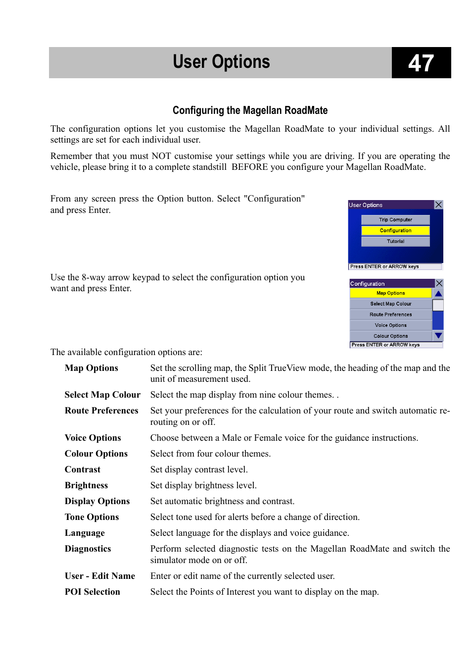 Configuring the magellan roadmate, User options | Magellan RoadMate 700 User Manual | Page 53 / 68