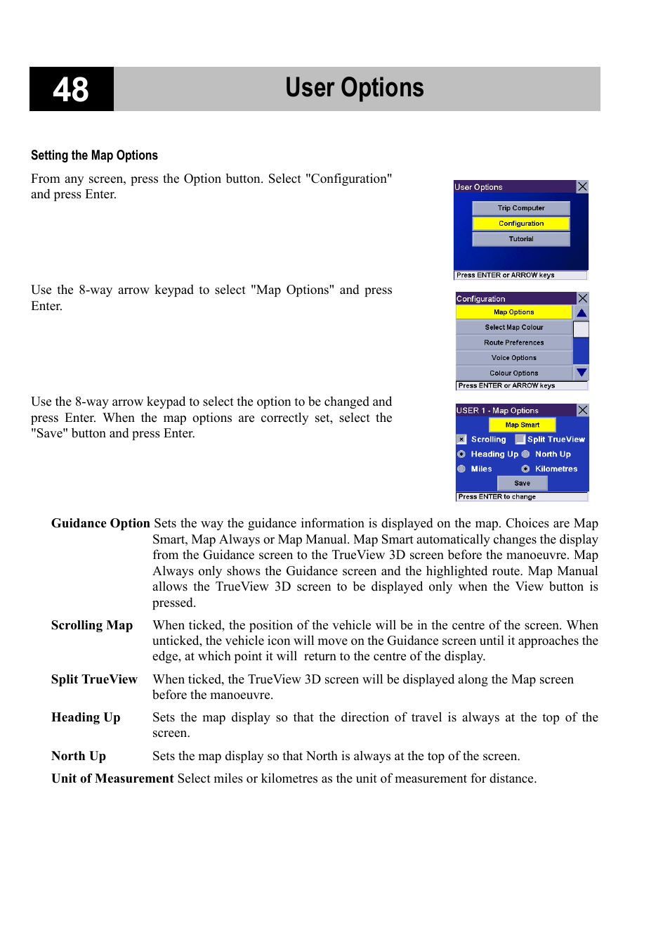 Setting the map options, User options | Magellan RoadMate 700 User Manual | Page 54 / 68