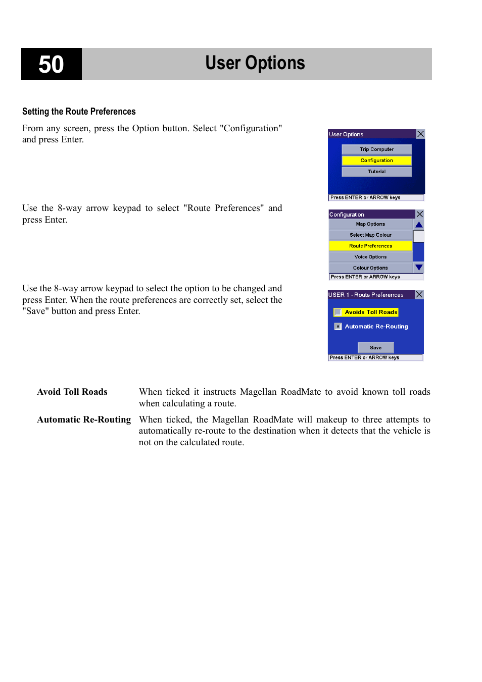 Setting the route preferences, User options | Magellan RoadMate 700 User Manual | Page 56 / 68