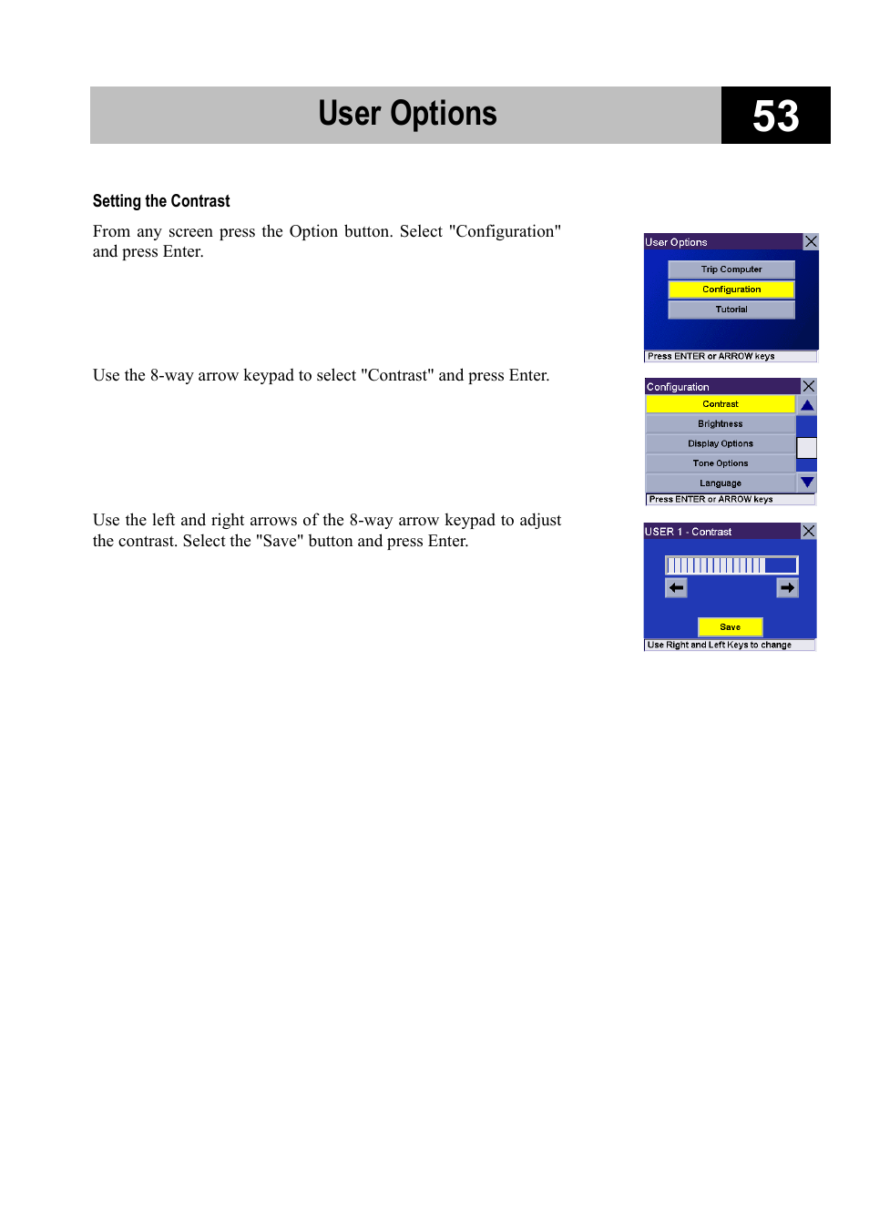 Setting the contrast, User options | Magellan RoadMate 700 User Manual | Page 59 / 68