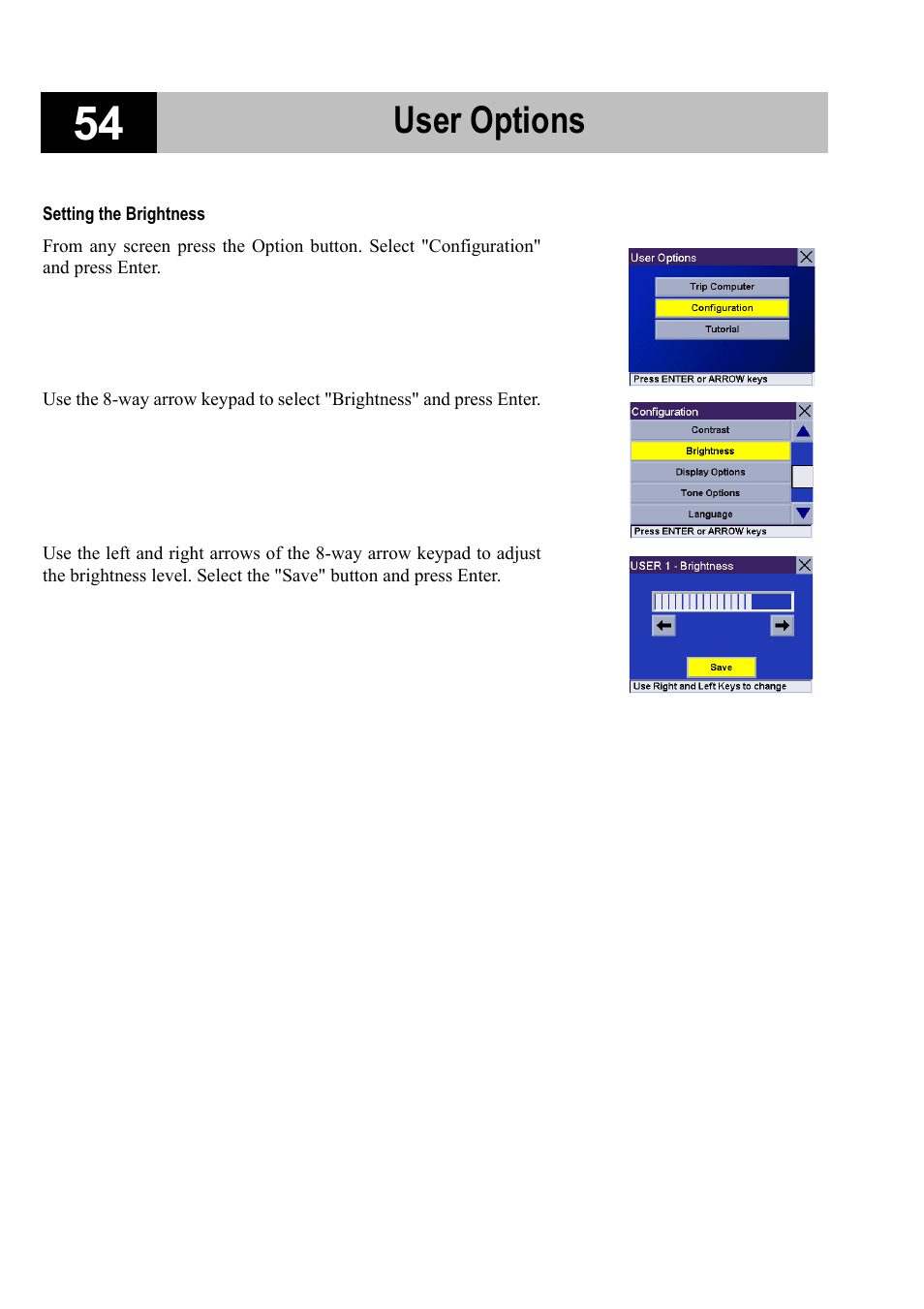 Setting the brightness, User options | Magellan RoadMate 700 User Manual | Page 60 / 68