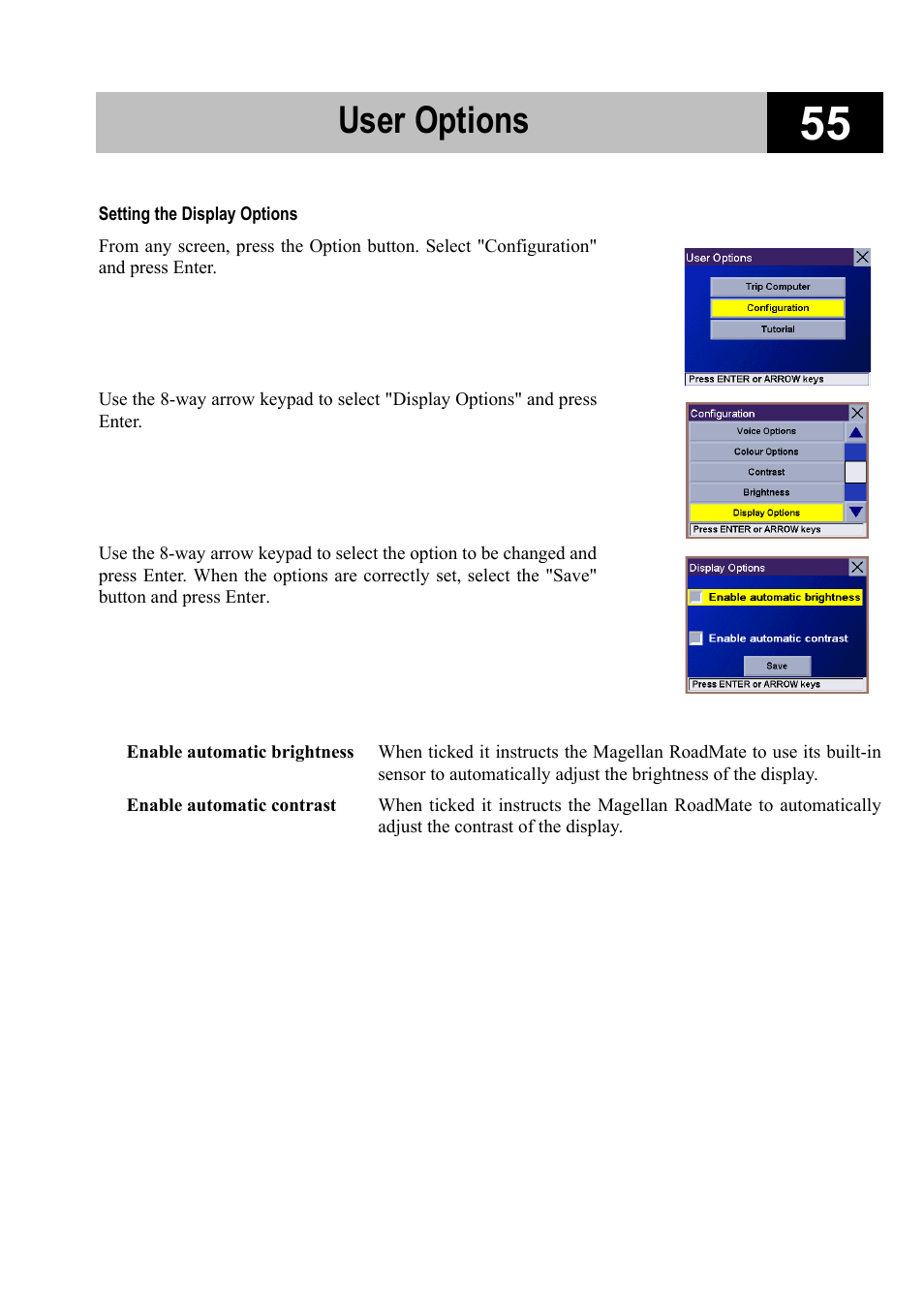 Setting the display options, User options | Magellan RoadMate 700 User Manual | Page 61 / 68