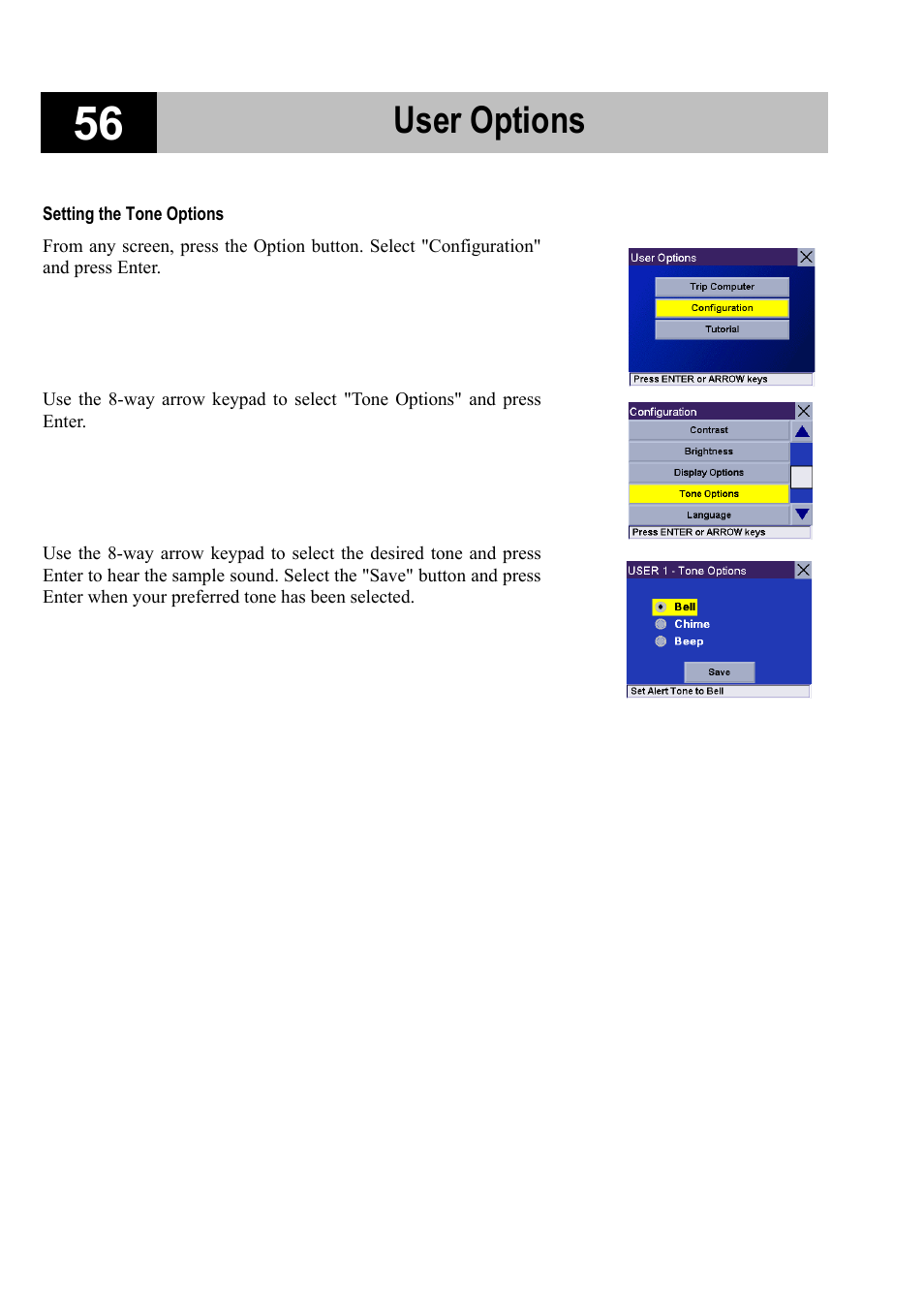 Setting the tone options, User options | Magellan RoadMate 700 User Manual | Page 62 / 68