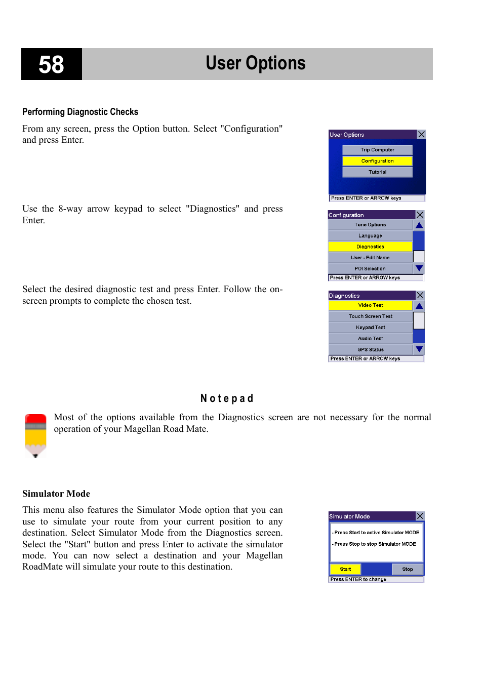 Performing diagnostic checks, User options | Magellan RoadMate 700 User Manual | Page 64 / 68