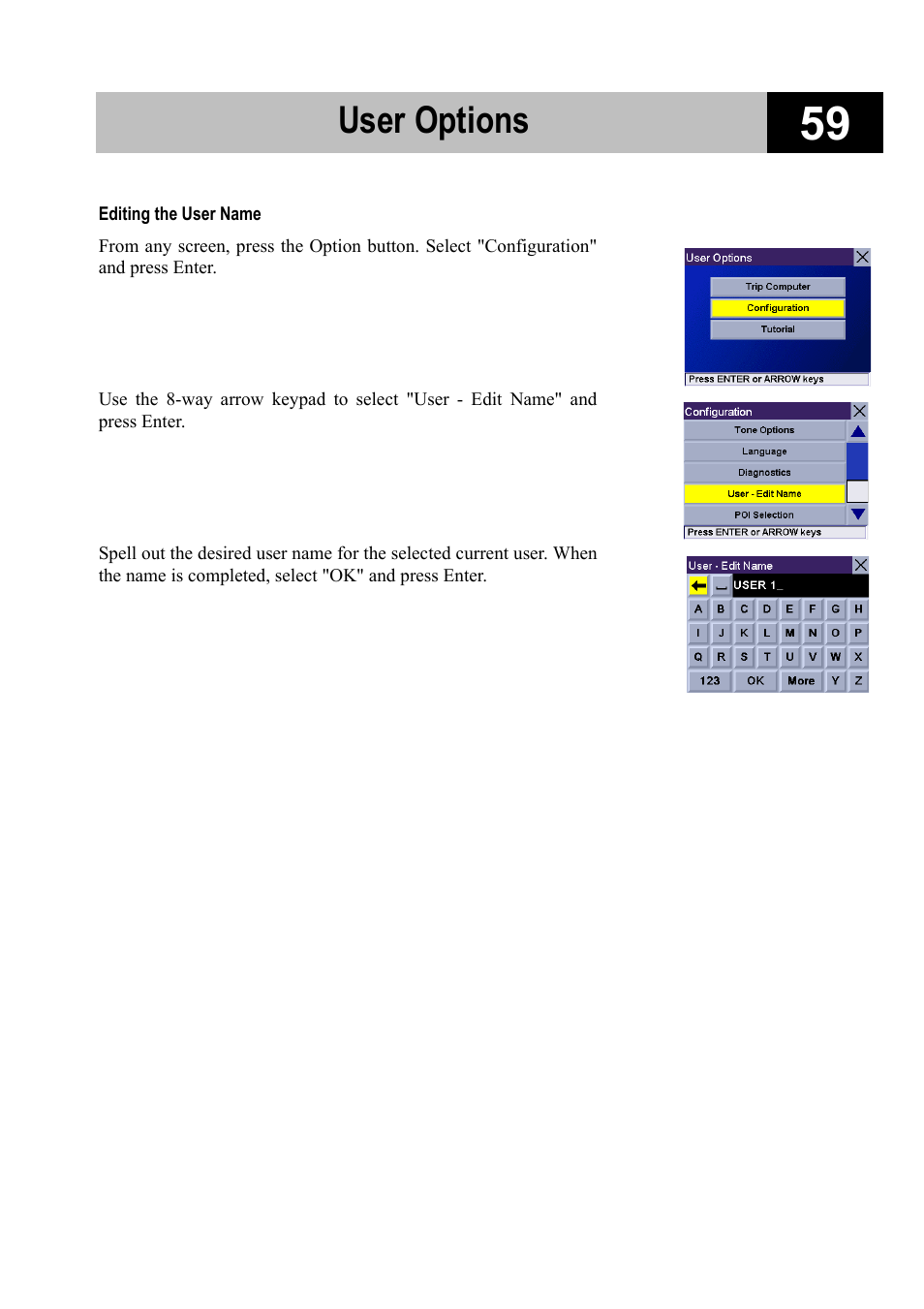 Editing the user name, User options | Magellan RoadMate 700 User Manual | Page 65 / 68