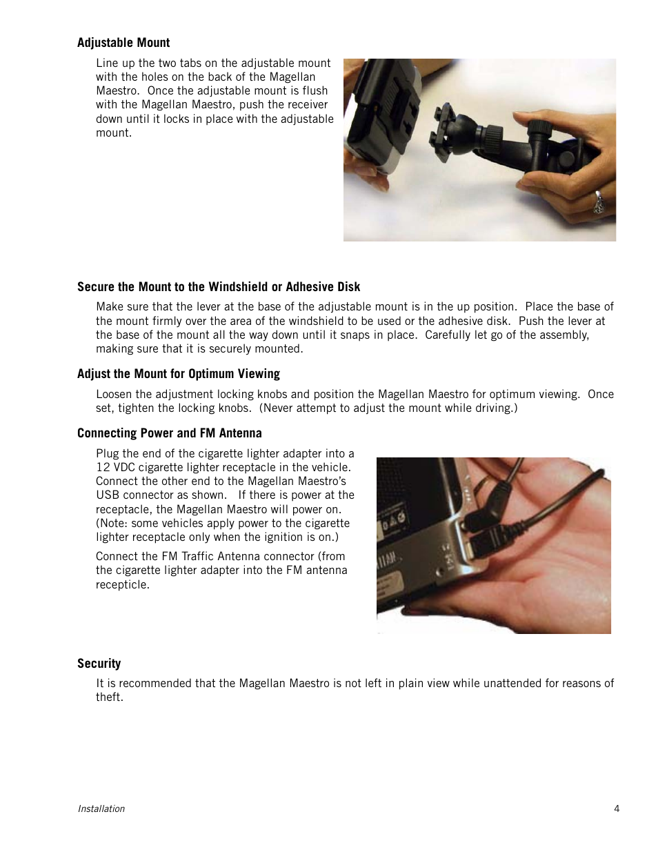 Adjustable mount, Adjust the mount for optimum viewing, Connecting power and fm antenna | Security | Magellan Maestro 3250 User Manual | Page 14 / 82