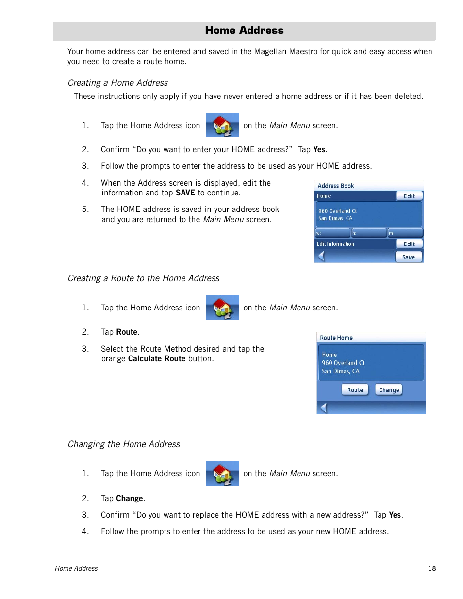 Home address, Creating a home address, Creating a route to the home address | Changing the home address | Magellan Maestro 3250 User Manual | Page 28 / 82