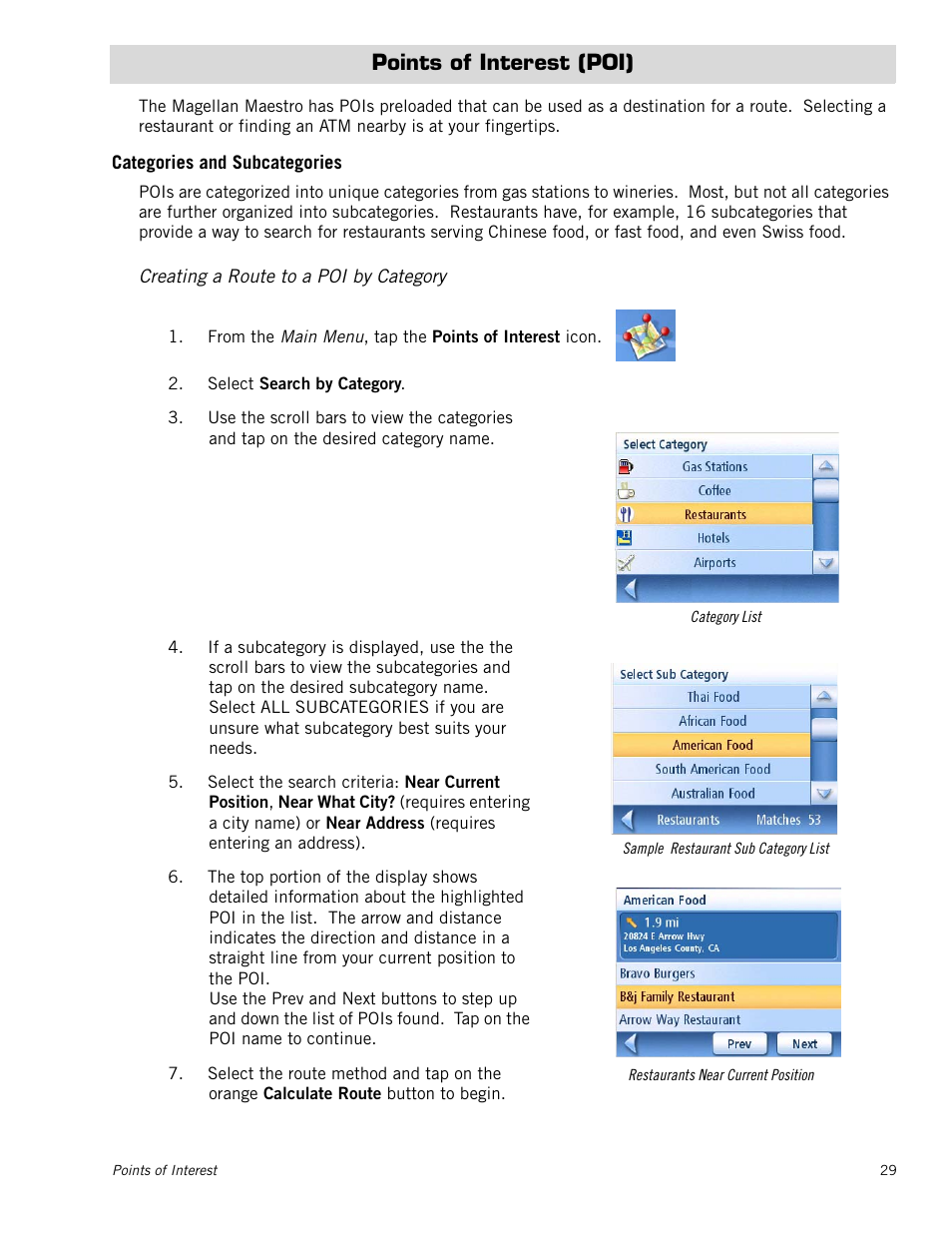 Points of interest (poi), Categories and subcategories, Creating a route to a poi by category | Magellan Maestro 3250 User Manual | Page 39 / 82