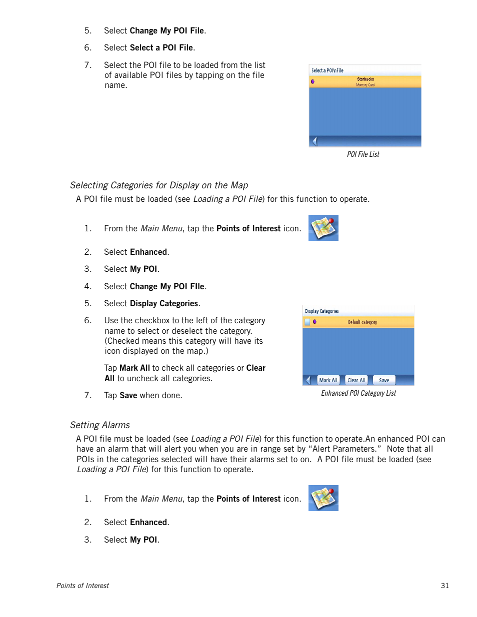 Selecting categories for display on the map, Setting alarms | Magellan Maestro 3250 User Manual | Page 41 / 82