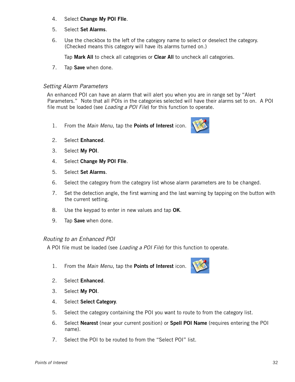 Setting alarm parameters, Routing to an enhanced poi | Magellan Maestro 3250 User Manual | Page 42 / 82