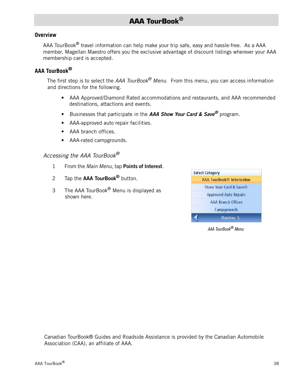 Aaa tourbook, Overview, Accessing the aaa tourbook | Magellan Maestro 3250 User Manual | Page 48 / 82