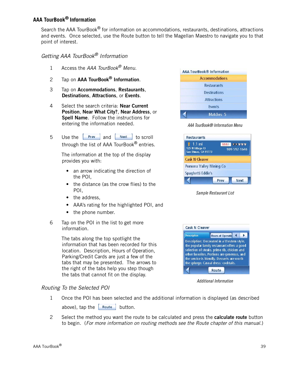 Aaa tourbook® information, Getting aaa tourbook® information, Routing to the selected poi | Magellan Maestro 3250 User Manual | Page 49 / 82