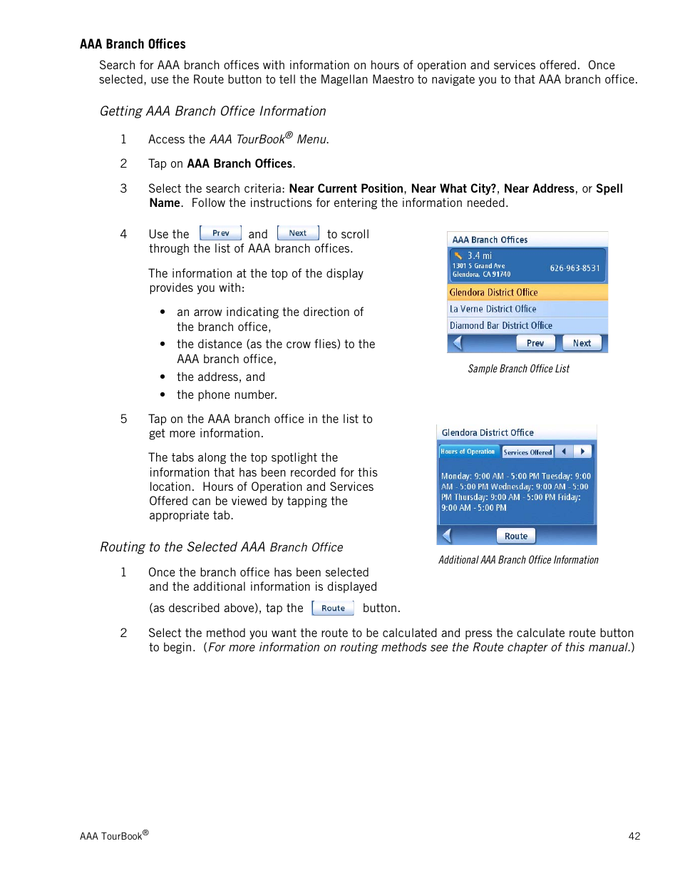 Aaa branch offices, Getting aaa branch office information, Routing to the selected aaa branch office | Magellan Maestro 3250 User Manual | Page 52 / 82