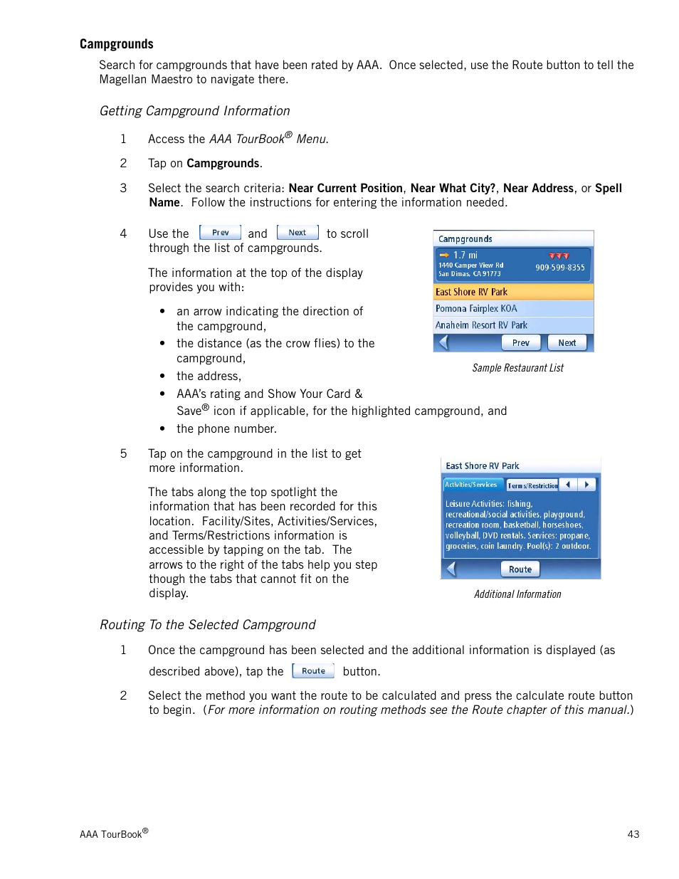 Campgrounds, Getting campground information, Routing to the selected campground | Magellan Maestro 3250 User Manual | Page 53 / 82