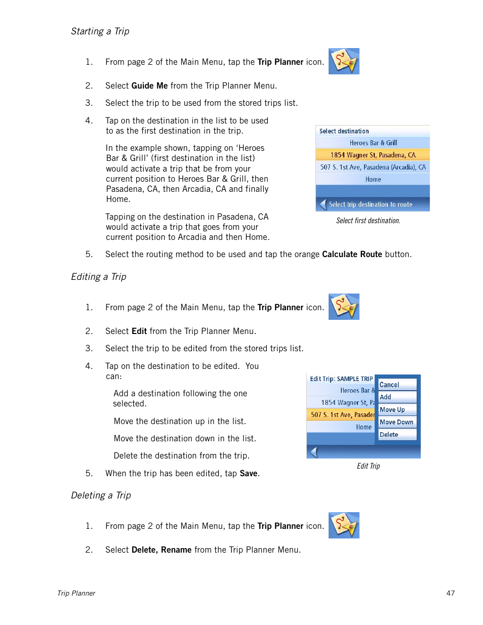 Starting a trip, Editing a trip, Deleting a trip | Magellan Maestro 3250 User Manual | Page 57 / 82