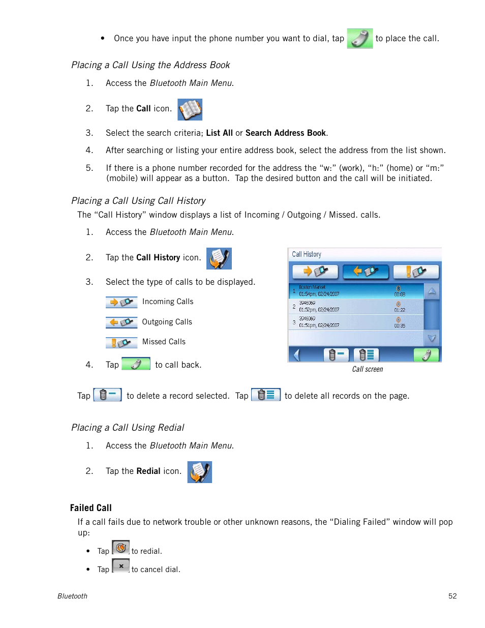 Placing a call using the address book, Placing a call using call history, Placing a call using redial | Failed call | Magellan Maestro 3250 User Manual | Page 62 / 82