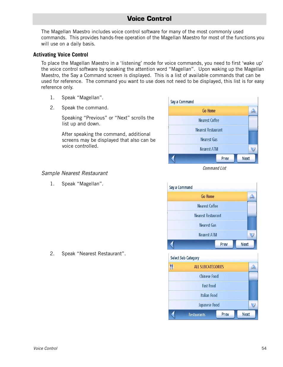 Voice control, Activating voice control, Sample nearest restaurant | Magellan Maestro 3250 User Manual | Page 64 / 82