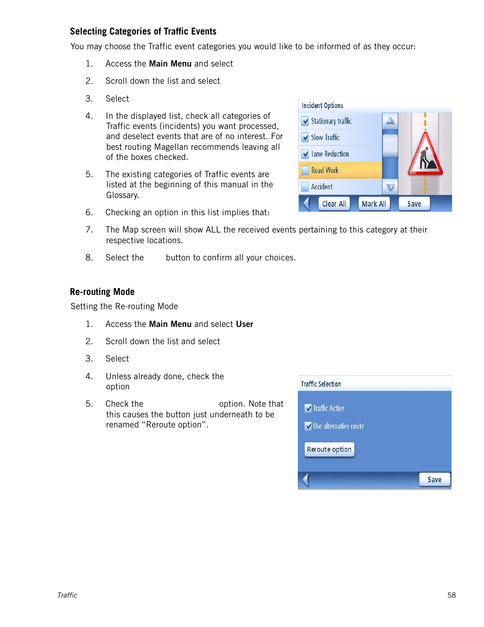 Selecting categories of traffic events, Re-routing mode | Magellan Maestro 3250 User Manual | Page 68 / 82