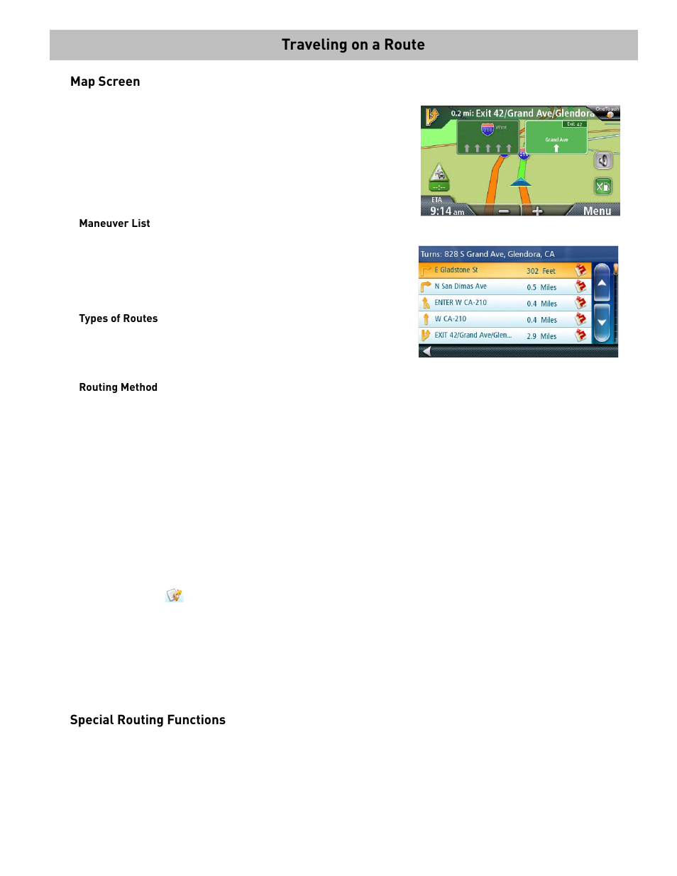 Traveling on a route, From the main menu, tap the settings icon, Tap navigation preferences | From the map screen, tap menu, Map screen, Maneuver list, Types of routes, Routing method, To permanently change the routing method, Special routing functions | Magellan RoadMate 2055 User Manual | Page 32 / 46