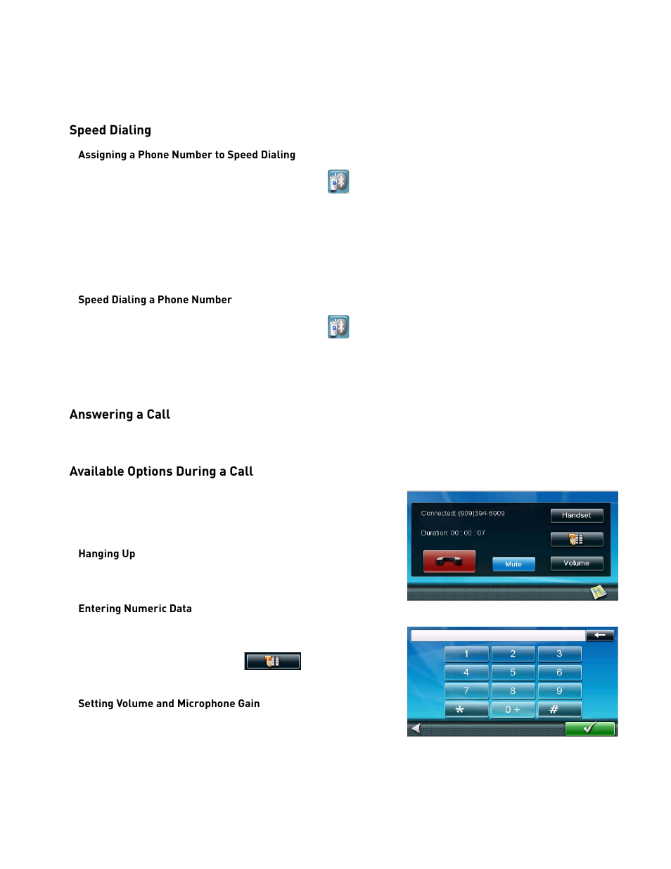 From the map screen, tap the bluetooth icon, Tap speed dial, Tap an assign button | Speed dialing, Assigning a phone number to speed dialing, Speed dialing a phone number, Answering a call, Available options during a call, Hanging up, Entering numeric data | Magellan RoadMate 2055 User Manual | Page 40 / 46