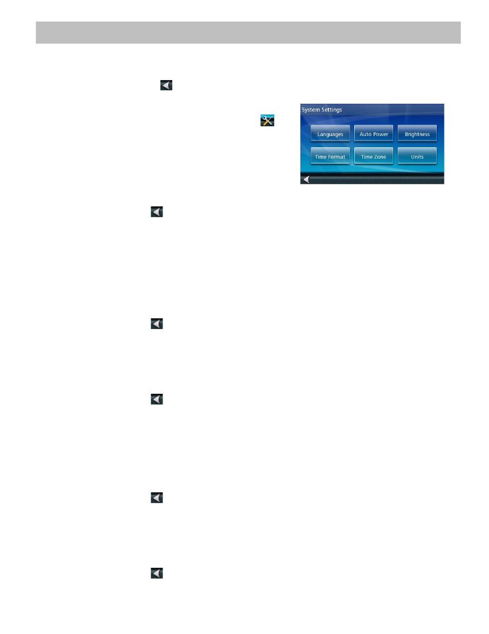 Settings, From the main menu screen, tap the settings icon, Tap system | Access the system settings menu (above), Tap languages, Tap on the desired language, Tap the back arrow, Tap auto power, Tap on the desired duration, Tap brightness | Magellan RoadMate 2055 User Manual | Page 42 / 46