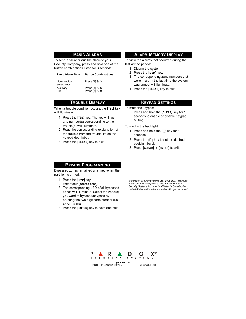 Panic alarms, Trouble display, Press the [clear] key to exit | Alarm memory display, Disarm the system, Press the [mem] key, Keypad settings, Press and hold the [] key for 3 seconds, Press [clear] or [enter] to exit, Bypass programming | Magellan MG32WK User Manual | Page 2 / 2