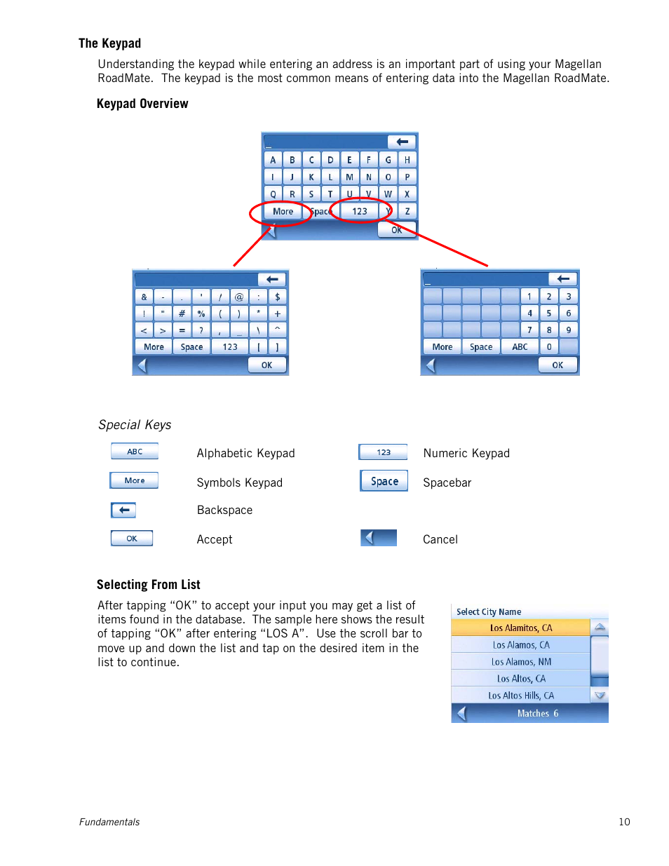 The keypad, Special keys, Keypad overview | Selecting from list | Magellan RoadMate 1200 User Manual | Page 18 / 59
