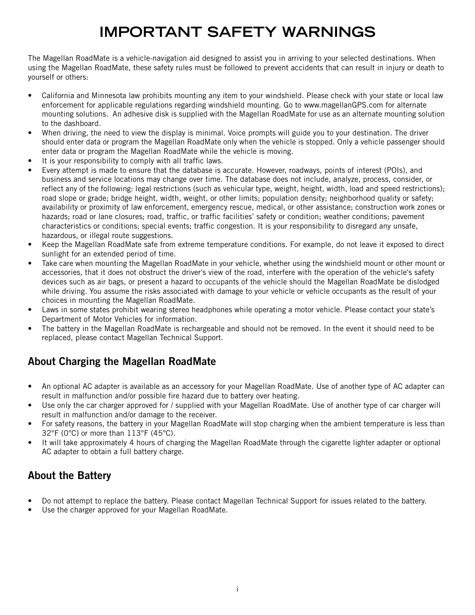 Important safety warnings, About charging the magellan roadmate, About the battery | Magellan RoadMate 1200 User Manual | Page 2 / 59