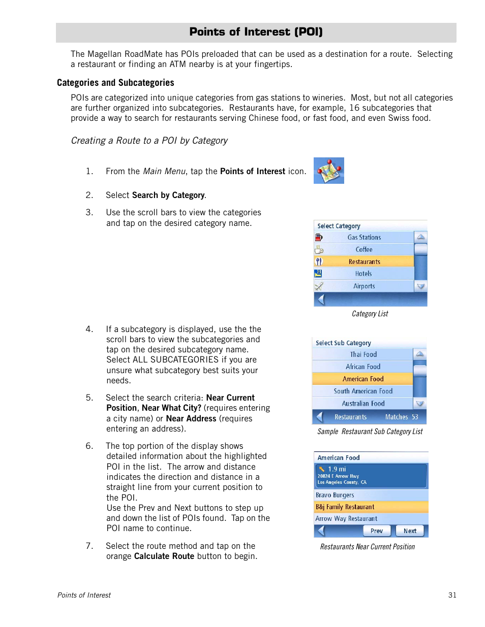Points of interest (poi), Categories and subcategories, Creating a route to a poi by category | Magellan RoadMate 1200 User Manual | Page 39 / 59