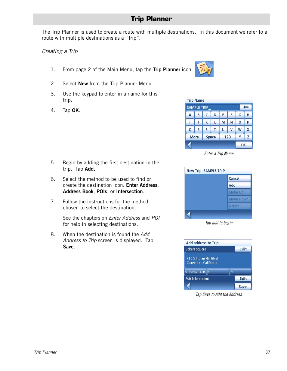 Trip planner, Creating a trip | Magellan RoadMate 1200 User Manual | Page 45 / 59