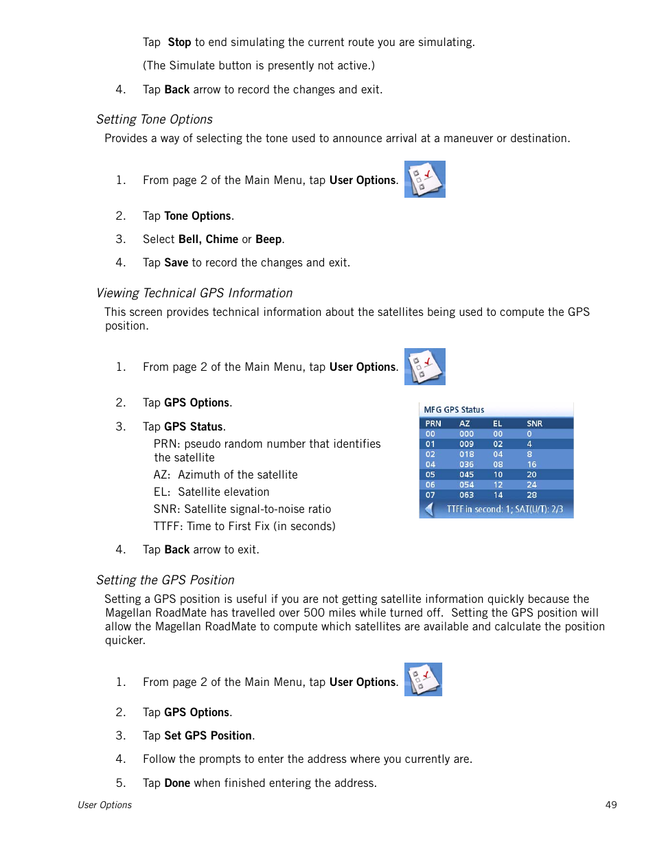 Setting tone options, Viewing technical gps information, Setting the gps position | Magellan RoadMate 1200 User Manual | Page 57 / 59